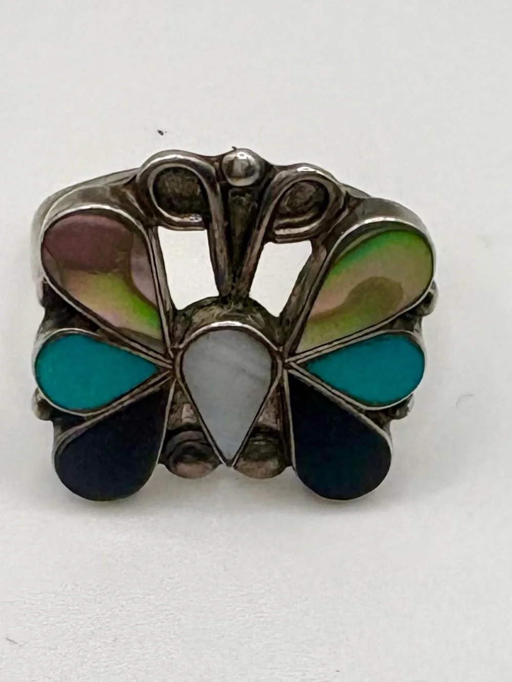 Vintage Sterling Silver Turquoise MOP Onyx Butterfly Ring Size 8